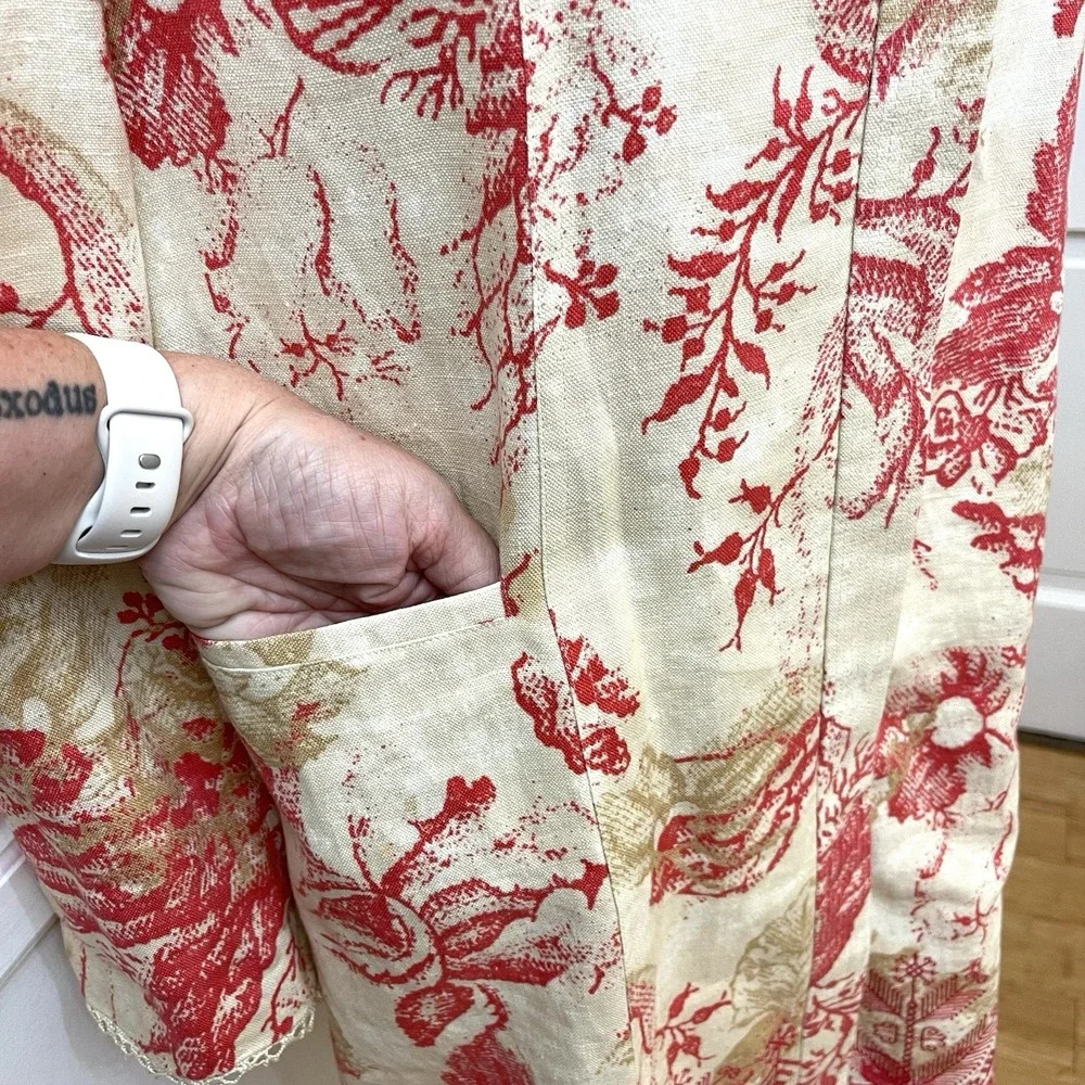 Sigrid Olsen Linen Coat Cream Coral Embroidery‎ Mandarin Collar Medium